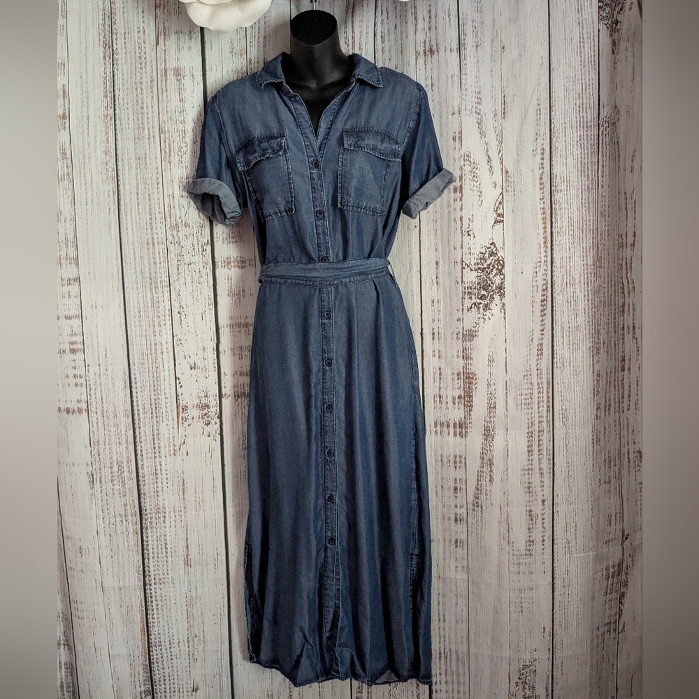 Velvet Heart Tencel Chambray Denim Button Up Maxi Dress W/ Pockets Side Slits